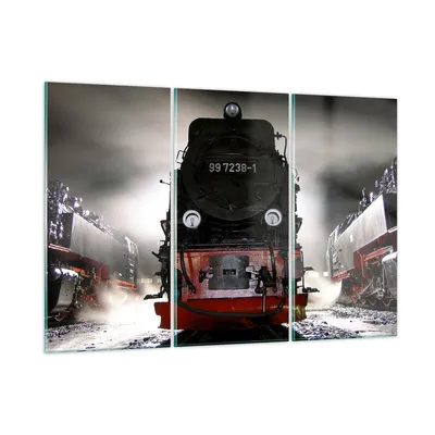 Produktbild von Bilder auf glas - Dampflokomotive Gleise Nebel - 165x110cm - Glasbilder - Wandbilder - Kunstdruck - zum Aufhängen bereit - Wanddekoration aus Glas - Glas Bilder - Wandbild auf Glas - GCE165x110-0281