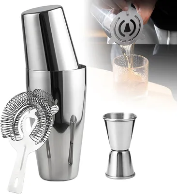 Zdjęcie produktu dla Zestaw do koktajli Boston: dwa shakery ze stali nierdzewnej o pojemności 600 ml i 450 ml, z sitkiem i miarką - metalowy shaker do koktajli