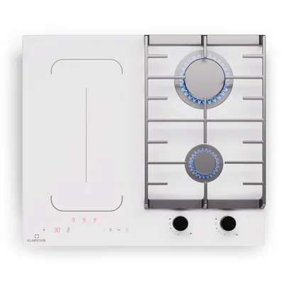 Image de Klarstein MultiChef 4 Plaque Induction Et Gaz - 4 Zones, 2 Gaz & 2 Induction, Flexzone, Stop&Go, Minuterie, Blanc, 7Kw, Plaque De Cuisson Encastrable