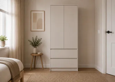 Produktbild von Kleiderschrank 2-türig Schrank Garderobe Schlafzimmer Drehtürenschrank mit Schubladen, Einlegeböden und Kleiderstange - LOSKO 2T2S - Kaschmir, KI-generiertes Bild