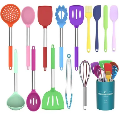 Image de Ensemble d'ustensiles de cuisine, 15 pièces, en silicone résistant à la chaleur, antiadhésif, sans BPA, avec manche en acier inoxydable, de couleurs variées