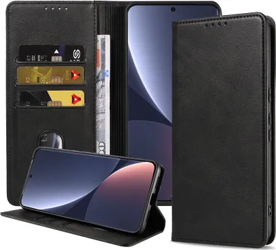Produktbild von Smartphonica Handytasche geeignet für Xiaomi 12 Pro Kunstlederhülle mit Magnetverschluss und Kartenhalter Buchhülle mit Klappe - Schwarz