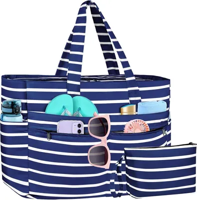 Immagine prodotto di WACCET XXL Borsa da spiaggia da donna impermeabile con cerniera, borsa da bagno leggera con tasche multiple per spiaggia, viaggi, vacanze