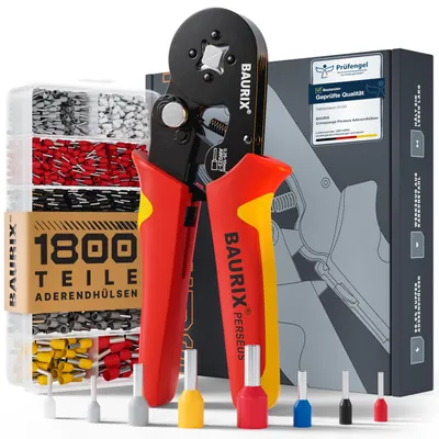 Produktbild von BAURIX® Crimpzange Set mit 1800 Aderendhülsen Set I Aderendhülsenzange selbsteinstellend [Für 0,25-10mm²] I Krimpzange, Crimpzangen, Crimp Zange