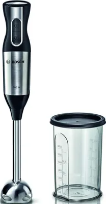 A Bosch hand blender and a measuring cup are shown against a white background.