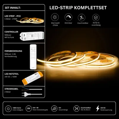 Produktbild von LED Streifen Set Warmweiß – COB LED Streifen 24V, punktfrei, 14 W/m, 5m, 2700K, CRI 90, IP33 – SS100 Netzteil, WL5 WiFi Controller und C1 Fernbedienung Weiß