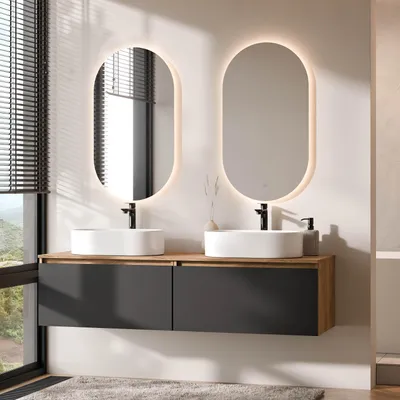 Produktbild von Planetmöbel ARISA Doppelwaschtisch 160 cm in Schwarz mit 2 LED Spiegel und 2 weißen Keramik-Aufsatzwaschbecken 55 cm