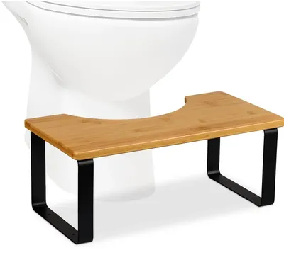 Produktbild von Toilettenhocker Bad - Klohocker Fußstütze - Metallgestell mit Holzsitz - Ergonomisch für optimale Darmentleerung - 18 x 21 cm - Naturholz