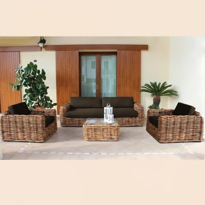 Immagine prodotto di Set Salotto da Giardino Divano 2 Poltrone e Tavolino con Cuscini in Rattan Marrone