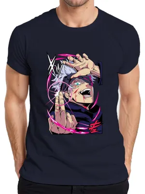 Productafbeelding van Jujutsu Kaisen T-shirt voor heren, met afbeelding van Gojo, wit haar, oogbindsel en energiecirkel, marineblauw, maat S