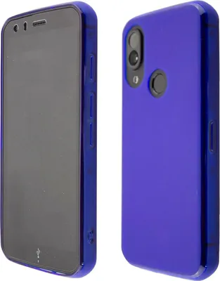 A product shot of a blue phone case and a phone.