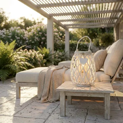 Immagine prodotto di Milani Home - Lanterna In Vimini Bianca Diametro 30x56 Per Interno E Esterno, Portico, Porta Candela, Porta Fiori, Giardino Decorazioni - Bianco