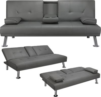 Yaheetech 3er-Sofa Schlafsofa Couch mit Tassenhalter Gästebett, Rückenlehne neigbar 105°/140°/180°, 167 x 81,5 x 75 cm, 350 KG belastbar, Kunstleder Grau