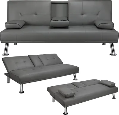 Produktbild von Yaheetech 3er-Sofa Schlafsofa Couch mit Tassenhalter Gästebett, Rückenlehne neigbar 105°/140°/180°, 167 x 81,5 x 75 cm, 350 KG belastbar, Kunstleder Grau