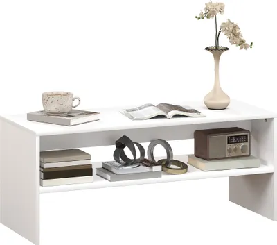 Produktbild von HOMCOM Moderner 2-stufiger Couchtisch mit offener Ablage und rutschfesten Füßen, Niedriger Tisch aus Spanplatte, 100 x 40 x 41,5 cm, weiß