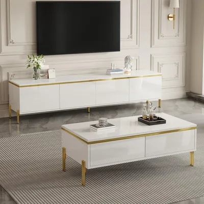 Zdjęcie produktu dla Zestaw szafka pod TV i stolik kawowy Merax, szafka wisząca pod TV z powierzchnią o wysokim połysku, meble do salonu ze złotymi krawędziami, dużo miejsca do przechowywania, biały