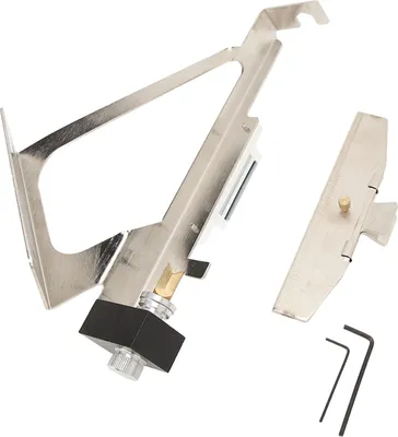 A metal fletching tool jig and an additional metal piece are shown against a white background. Two hex wrenches are also visible.