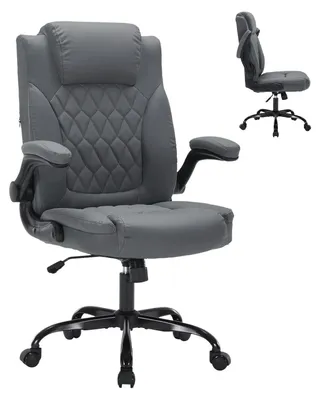 Obrázek produktu pro Kancelářská židle – Ergonomická křeslo pro manažery, potažené umělou kůží – Nosnost 159 kg – Bederní opěrka – Sklápěcí područky – Otočné a výškově nastavitelné – Šedá barva