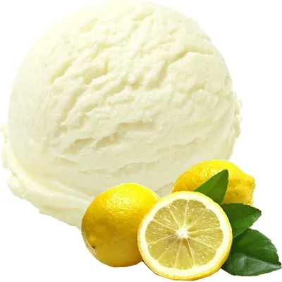 A scoop of lemon ice cream with lemons and leaves.