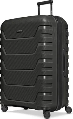 A black trolley suitcase is shown from the front.