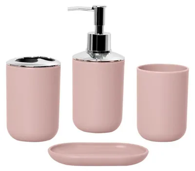 Image de Ensemble de 4 accessoires de salle de bain en rose : distributeur de savon, porte-savon, support pour brosses à dents, gobelet à dents