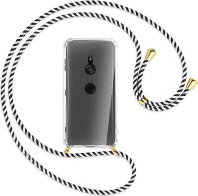 Produktbild von Handykette Backcover-Schutzhülle mit Band (Metall goldfarben) für Sony Xperia XZ3 - schwarz/weiß gestreift