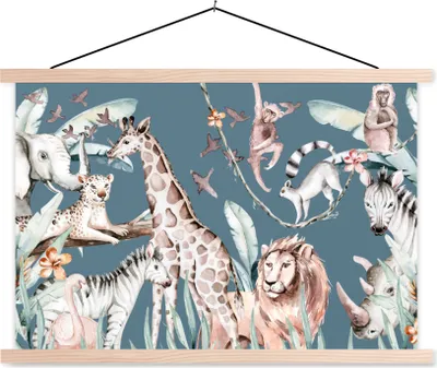 Produktbild von MuchoWow® Textilposter Wasserfarben - Dschungel - Tiere - Jungen - Blau - Kinder 120x80 cm mit holzfarbenen Rahmen - Aufhängeset