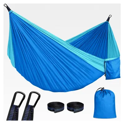 Produktbild von Camping Hängematte Outdoor Ultraleicht mit Karabinern und Baumgurten für Garten und Wandern, 295x140cm, 350kg Tragkraft, Blau
