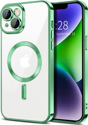 Obrázek produktu pro Magnetické čiré pouzdro pro iPhone 14 Plus, kompatibilní s MagSafe, galvanicky pokovené ochranné pouzdro s ochranou fotoaparátu světle zelená