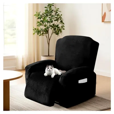 Produktbild von 4-teiliger Sesselschoner für Relaxsessel, Stretchhusse mit Taschen, elastischer Samtbezug für Ohrensessel und Fernsehsessel (Schwarz)