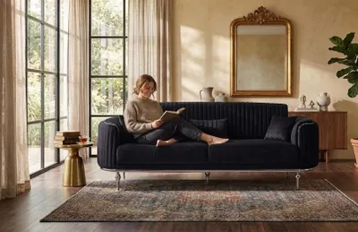 Produktbild von Schwarzes 3 Sitzer Sofa Stoffbezug Metallgestell Wohnzimmer Modern