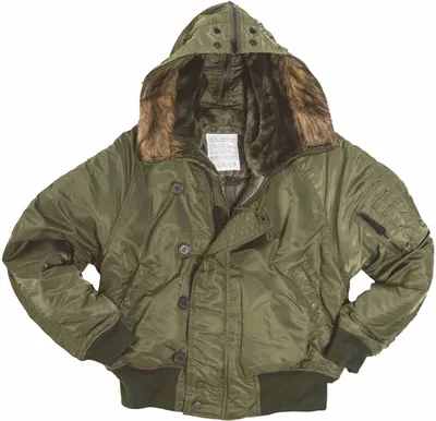 A green bomber jacket with a fur-lined hood is displayed against a white background.