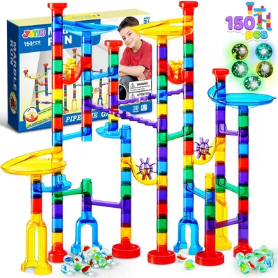 Obrázok produktu pre JOYIN, sady na guľôčkovú dráhu, 150 kusov, labyrintové guľôčky, mramory, stavebné kocky, vzdelávacia hračka, vzdelávacia hračka (100 kusov z priehľadného plastu + 50 sklenených guľôčok)