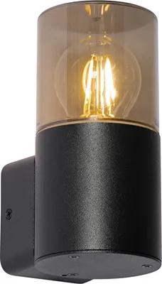 Produktbild von Qazqa Modern außen Wandleuchte, Außenlampe, Wandlampe für den Garten - Odense - Schwarz mit Rauchglas, max. 15W, Geeignet für LED, 8.5cm, IP44, R
