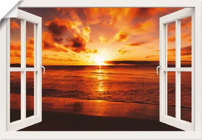 Produktbild von idizimage: Fensterblick - Schöner tropischer Sonnenuntergang am Strand, Produkt:Poster, Größe (HxB):70x100 cm / Poster