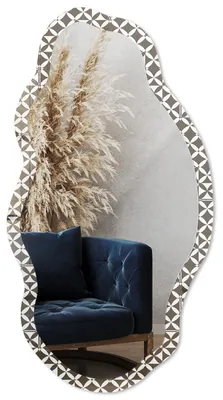 Produktbild von Dekorativer Wandspiegel mit Print, organische asymmetrische Form, 90x45 cm, moderner Designspiegel für Wohnzimmer, Flur und Schlafzimmer - Geometrische Komposition, KI-generiertes Bild