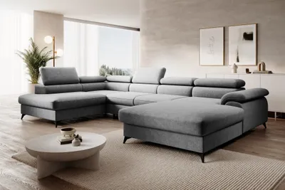 Produktbild von Wohnlandschaft U-Form Schlafsofa BASTIEN in Stoff Whisper Grau Ottomane Rechts