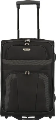 A black carry-on suitcase with wheels and a retractable handle.