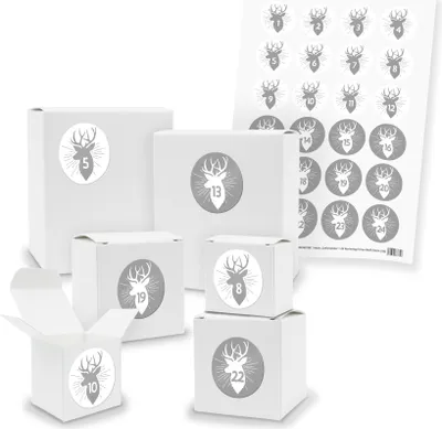 Produktbild von Adventskalender zum Füllen 24x Quader Würfel gemischt WEISS + Sticker (V01 Z46)