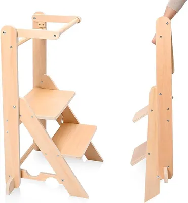 Imagen del producto de Torre de aprendizaje para niños a partir de 1 año, torre de aprendizaje Montessori plegable con ajuste de altura en 2 niveles, torre de aprendizaje de madera, resistente hasta 50 kg, escalón seguro para niños pequeños con protección contra vuelcos