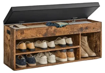 Immagine prodotto di Panca porta-scarpe marrone con spazio contenitore, seduta imbottita, dimensioni 30 x 100 x 44 cm