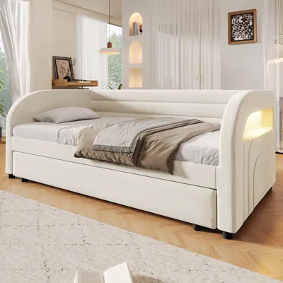 Produktbild von okwish Tagesbetten 90×200 mit LED Beleuchtung und Ausziehbett, Kinderbett Samt, Einzelbett in Weiß,ohne Matratze