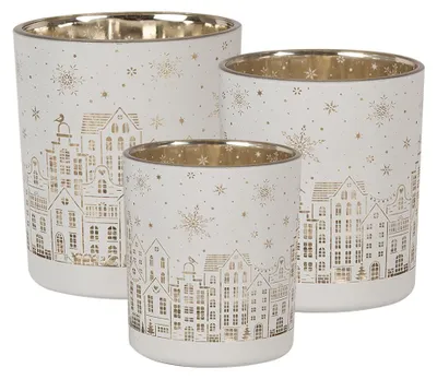 Imagen del producto de Soporte para velas pequeñas Clayre & Eef, juego de 3, blanco, de vidrio, con forma de casas