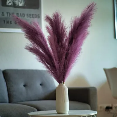 Zdjęcie produktu dla Dekoracja z trawy pampasowej Layba w kolorze fioletowym Sztuczna trawa pampasowa Boho - 3 sztuki 100 cm, idealna do dekoracji ślubnych, salonu i sypialni