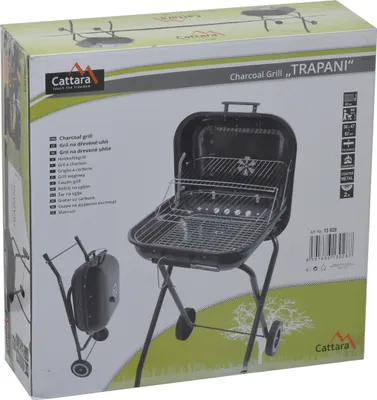 The image shows the packaging of a charcoal grill, with a picture of the grill on the front.