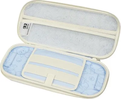 An open white and light blue storage case for a game console.