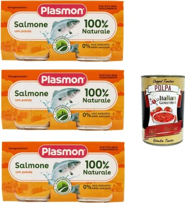 Produktbild von Plasmon Pesce Salmone con Patate, 3x (2x 80g), Mit ausgewählten Zutaten, 100% natürlich, Ohne Stärken und Salz hinzugefügt + Italian Gourmet polpa 400g