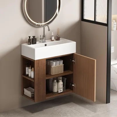 Produktbild von MODFU Gästebadmöbel Waschbecken mit hängendem Waschtischunterschrank,platzsparend,kleine Gäste-WC Möbel,Weiß+Braun