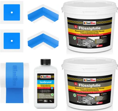 Produktbild von Isolbau Dicht-Set - Inkl. 1x Flüssigfolie (8 kg), 1x Isogrund (1 L), 1x Dichtband (5 m), 2x Innenecken & 2x Manschetten