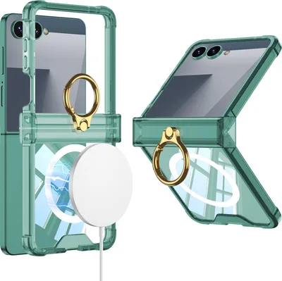 Produktbild von Hülle für Samsung Galaxy Z Flip 7 Scharnierschutz Transparente Stoßfest Schutzhülle mit Displayschutz und Ring, Kompatibel mit Magsafe Grün
